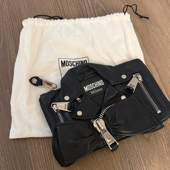 Moschino black leather biker bag clutch with silver hardware - Picture 2 of 8